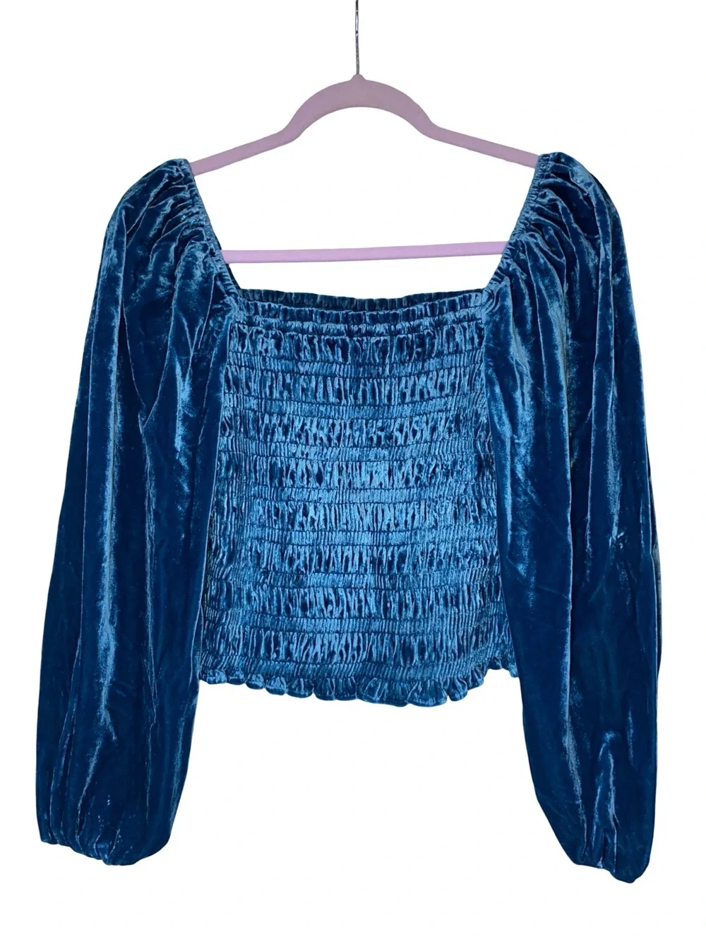 By Anthropologie Smocked Velvet Puff Sleeve Top Teal Blue | Size XS cottagecore